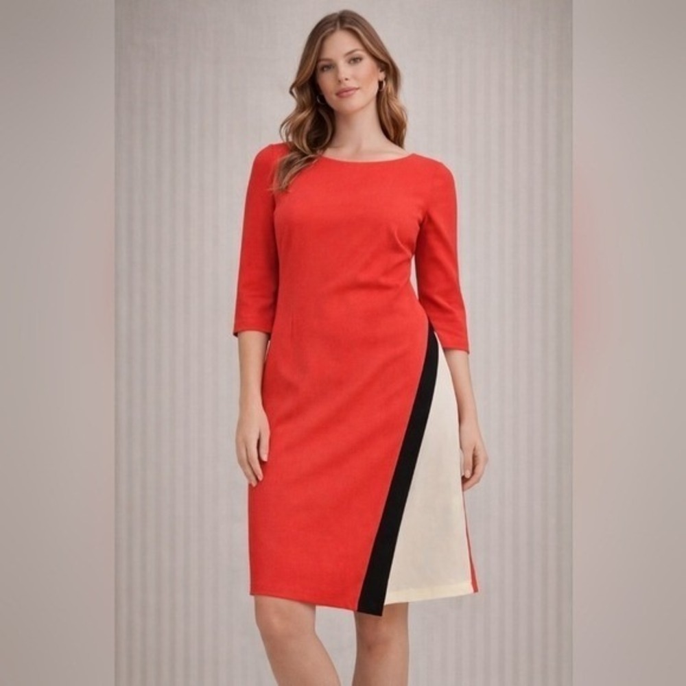 Signature by Robbie Bee Sheath Dress Womens 14 Red Colorblock Asymmetrical Hem